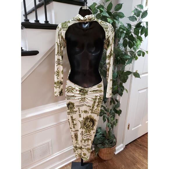 Women's White Green Graphic Print Cut Out Mock Neck Long Sleeve Maxi Dress Small - Picture 2 of 9